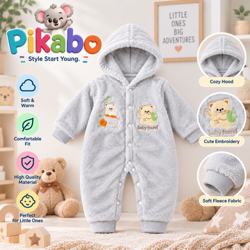 Baby Pink Hooded Fleece Romper – Cute Bear Embroidery