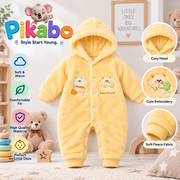 Baby Pink Hooded Fleece Romper – Cute Bear Embroidery