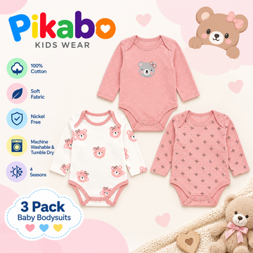 Pack of 3 Baby Full Sleeve Bodysuits – Pink Teddy Collection