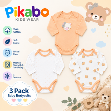 Pack of 3 Baby Full Sleeve Bodysuits – Peach Teddy Collection