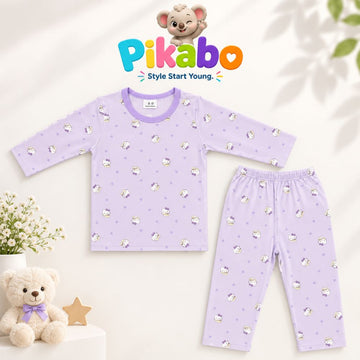 Pikabo Cute Kitty & Heart Print Kids Winter Sleep Suit – Lavender Pajama Set