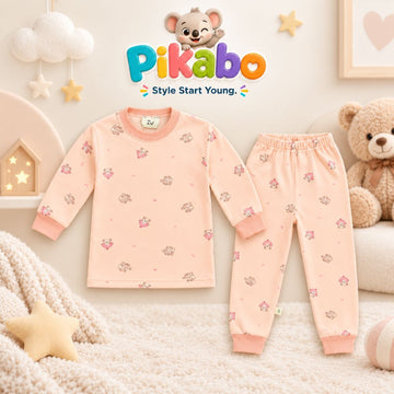 Pikabo Peach Cartoon Print Kids Winter Sleep Suit – Full Sleeve Pajama Set