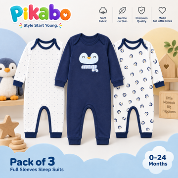 Pack of 3 Baby Full Sleeve Sleepsuits – Blue Penguin