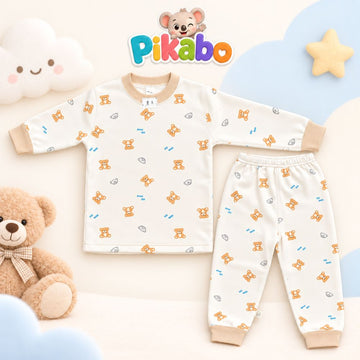 Pikabo Teddy Bear Print Kids Pajama Set – Full Sleeve Night Suit for Boys & Girls