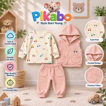 Baby 3-Piece Winter Set – Hooded Vest, Printed Top & Pants