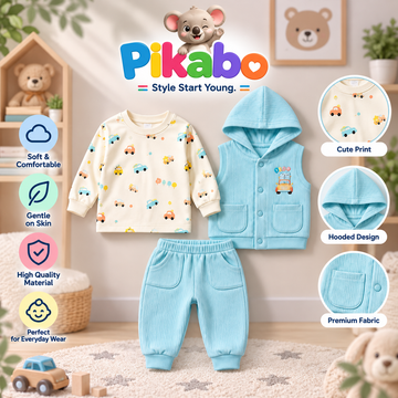 Baby 3-Piece Winter Set – Hooded Vest, Printed Top & Pants