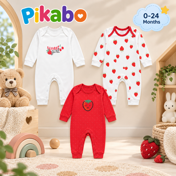 Pack of 3 Baby Full Sleeve Sleepsuits – Strawberry Collection