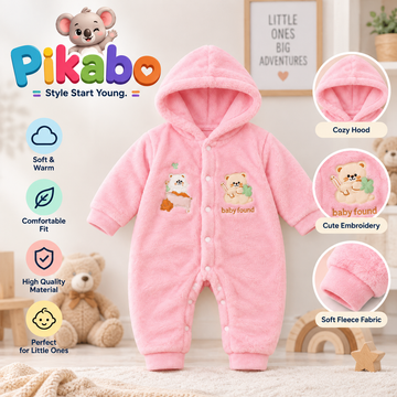 Baby Pink Hooded Fleece Romper – Cute Bear Embroidery