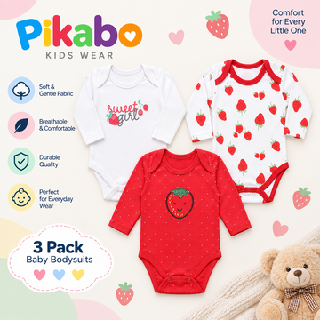 Pack of 3 Baby Full Sleeve Bodysuits – Strawberry Collection