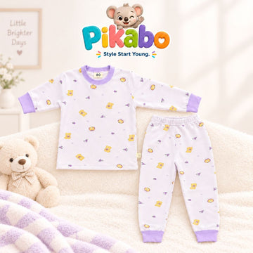 Pikabo Yellow Teddy Bear Print Kids Winter Sleep Suit – Lavender Trim Pajama Set